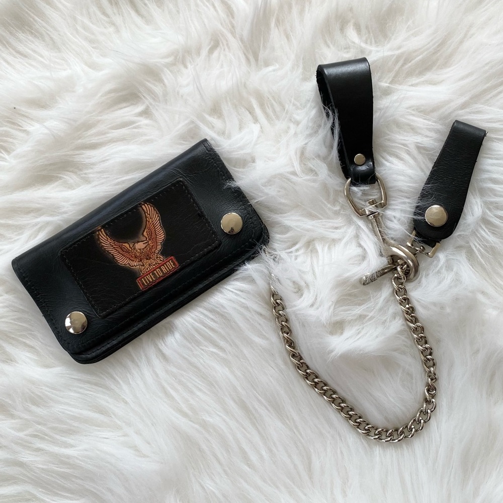 Genuine Black Leather Biker Wallet with Chain
